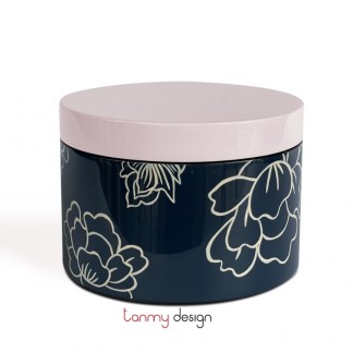 Round navy/light pink lacquer box printed with peonies D15*H10cm